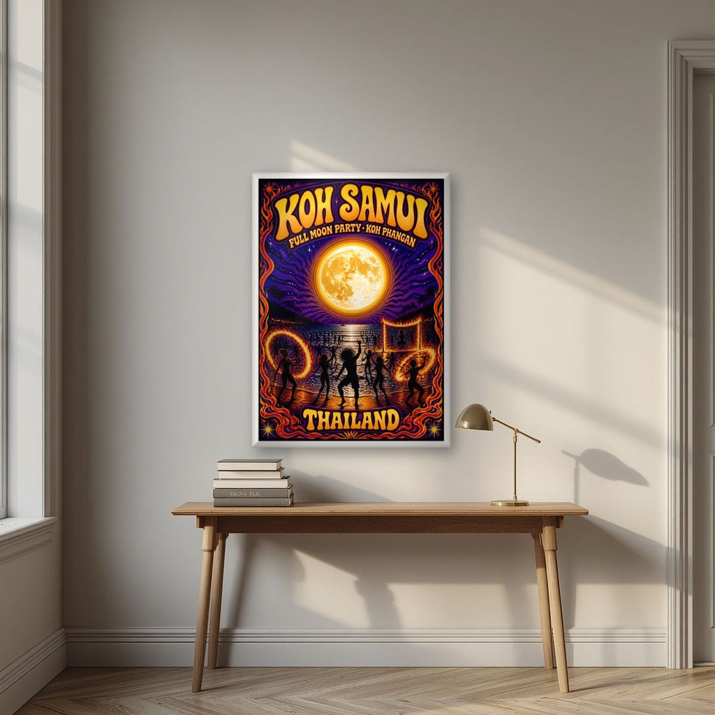 Full Moon — Koh Samui art print, in a white frame, styled in a desk