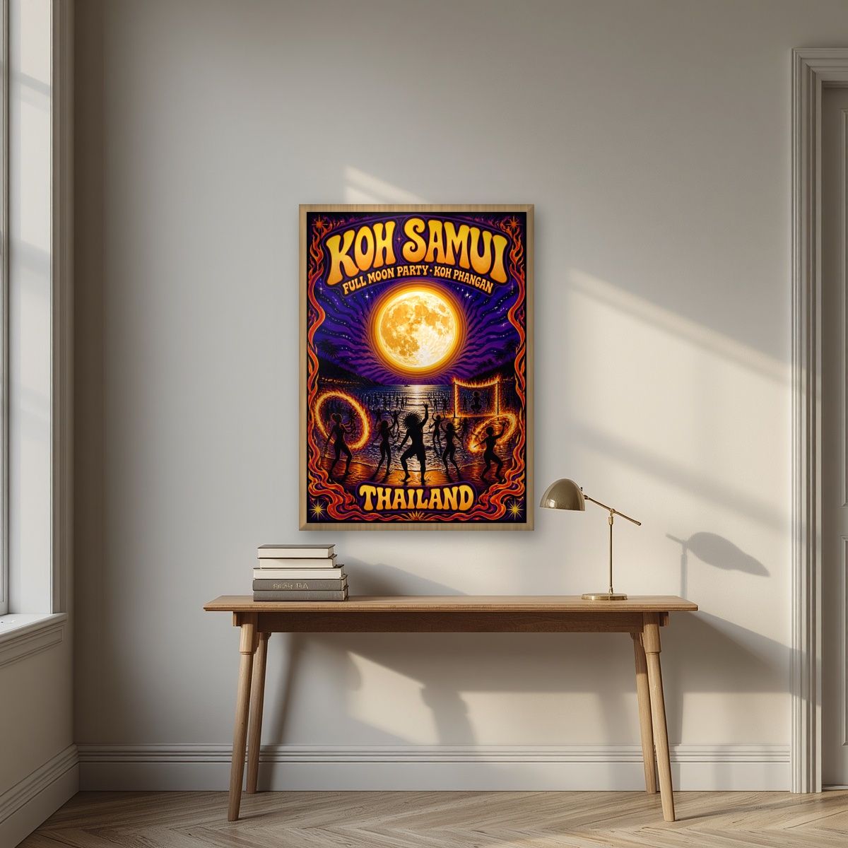 Full Moon — Koh Samui art print, in an oak frame, styled in a desk