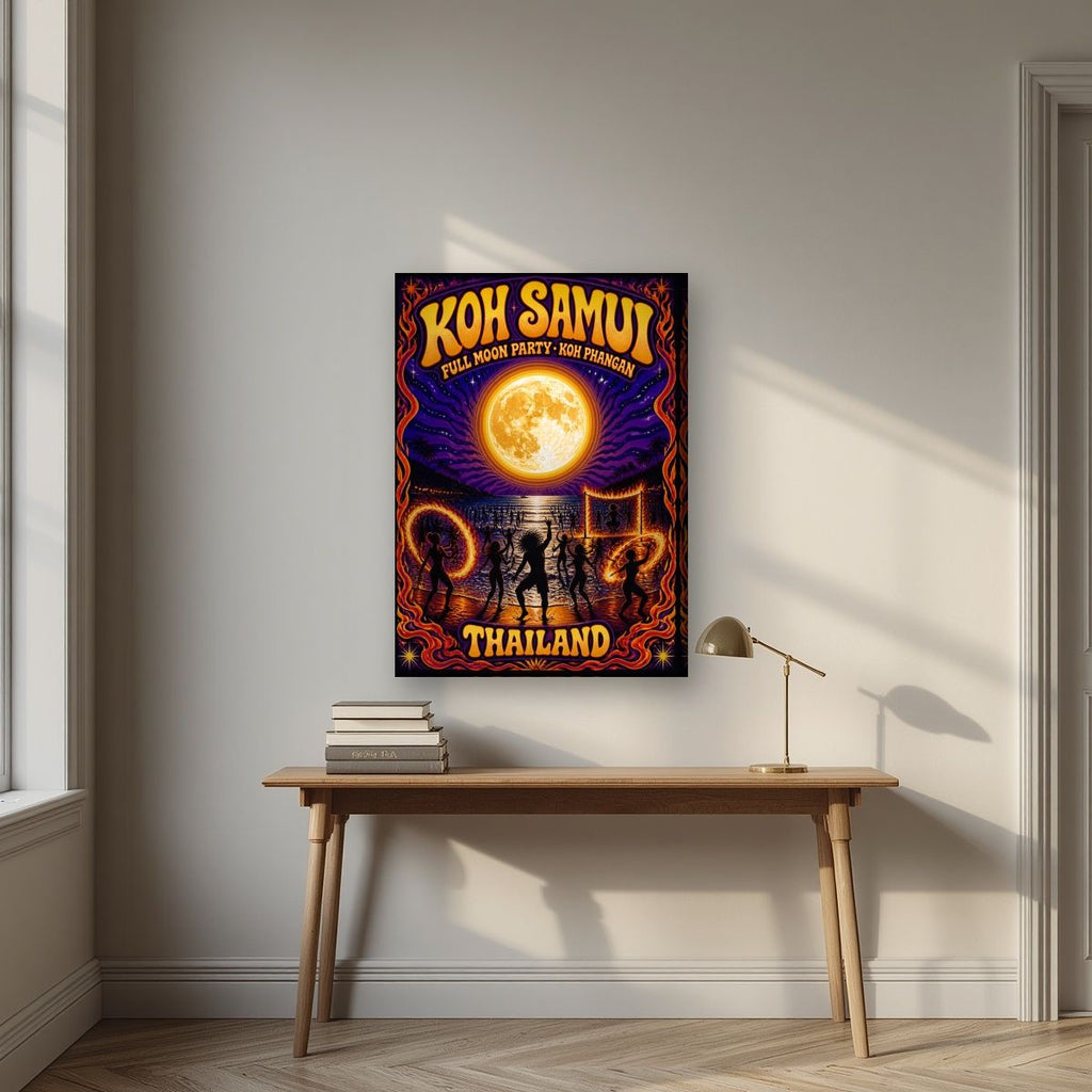 Full Moon — Koh Samui art print, on slim canvas, styled in a desk