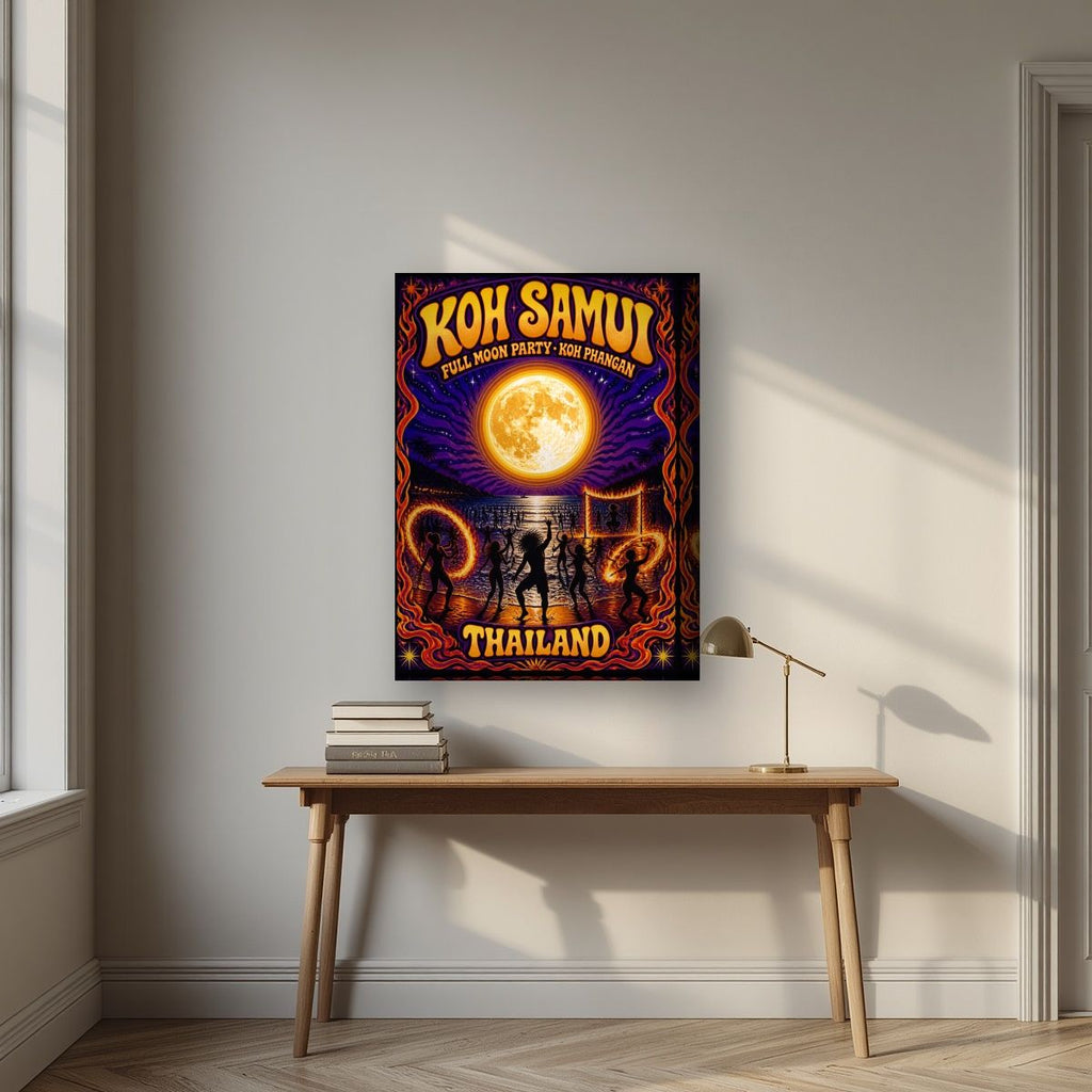 Full Moon — Koh Samui art print, on thick canvas, styled in a desk