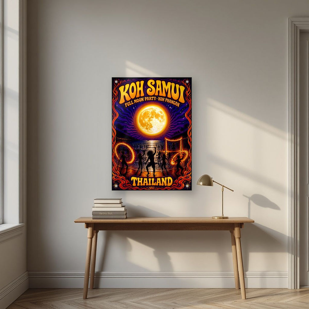 Full Moon — Koh Samui art print, as an acrylic print, styled in a desk