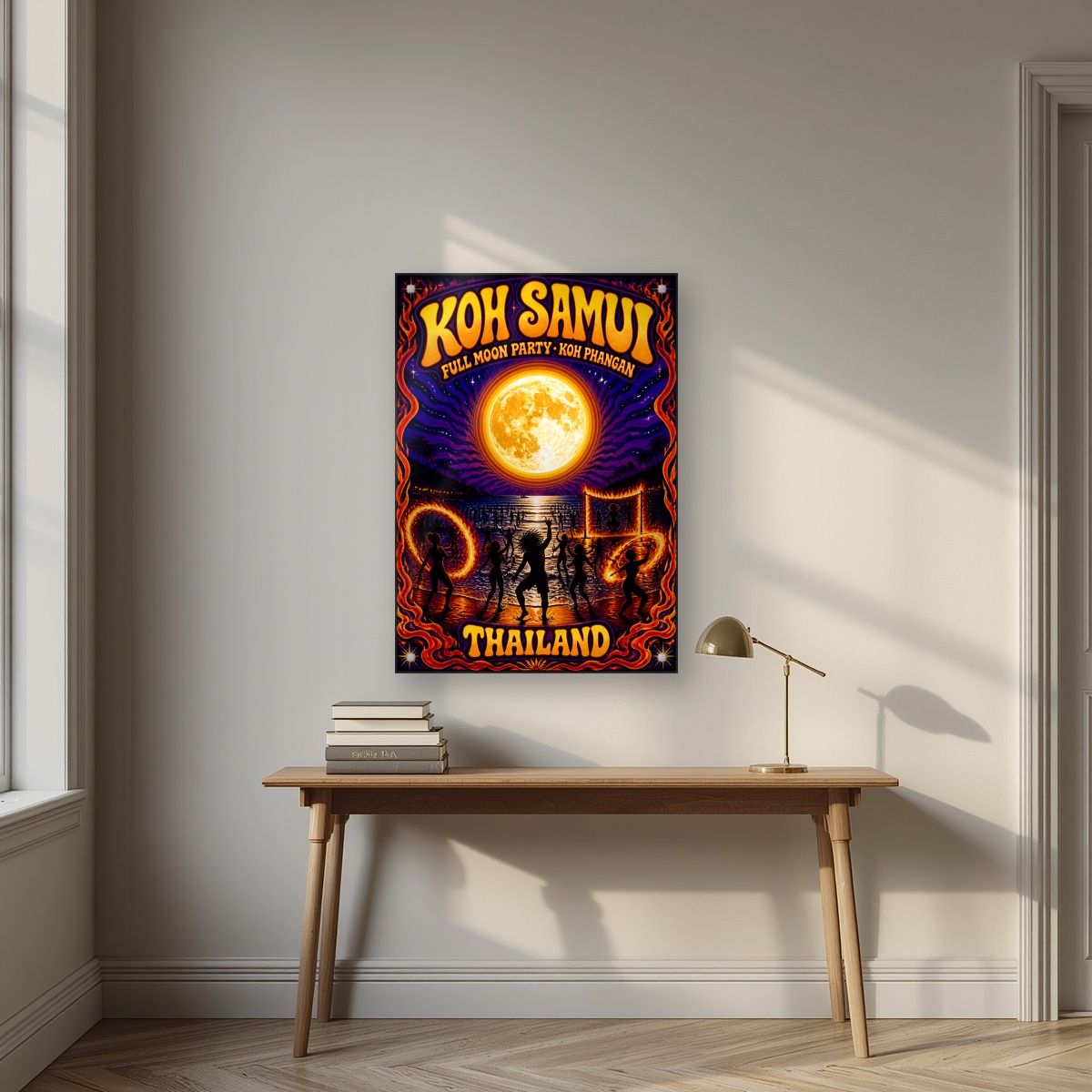 Full Moon — Koh Samui art print, as an acrylic print, styled in a desk