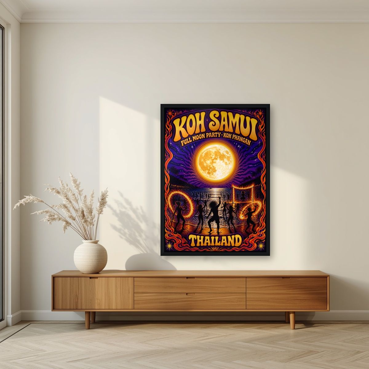 Full Moon — Koh Samui art print, in a black frame, styled in a living room
