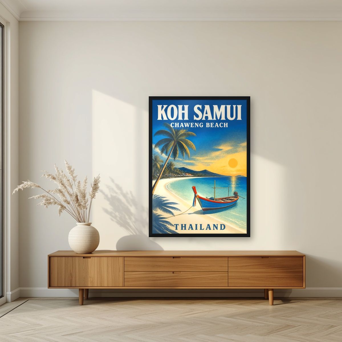 Hat Chaweng — Koh Samui art print, in a black frame, styled in a living room