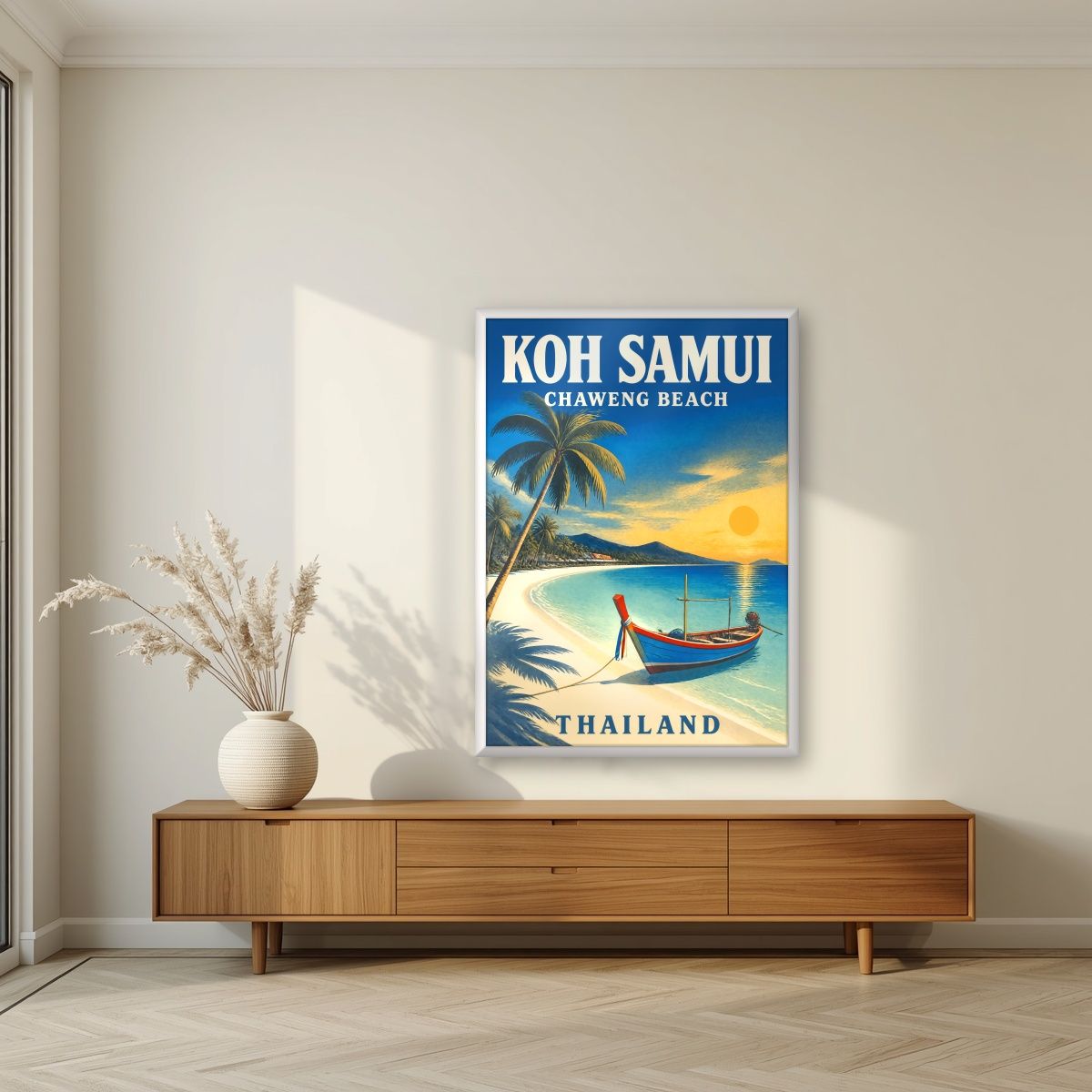 Hat Chaweng — Koh Samui art print, in a white frame, styled in a living room