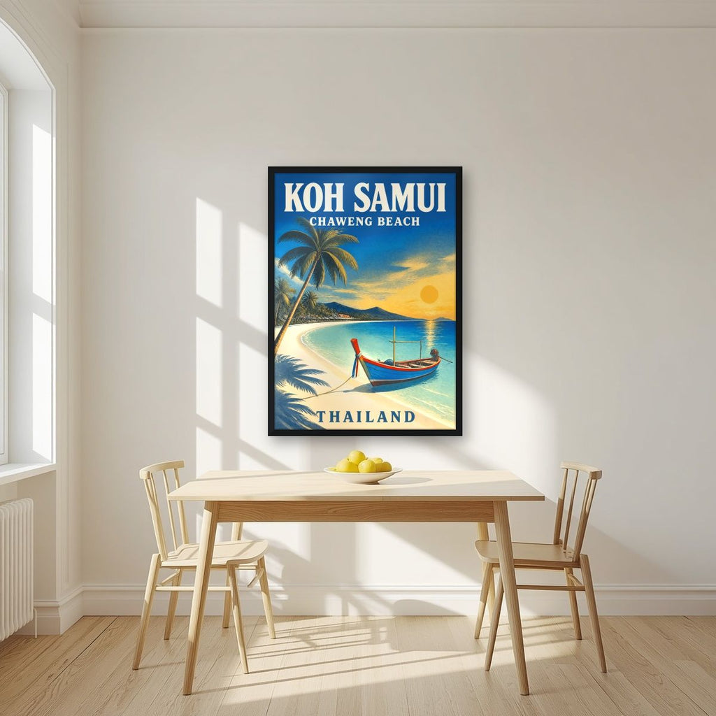 Hat Chaweng — Koh Samui art print, in a black frame, styled in a kitchen