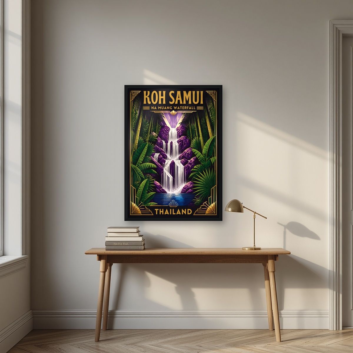 Nam Tok Na Muang — Koh Samui art print, in a black frame, styled in a desk