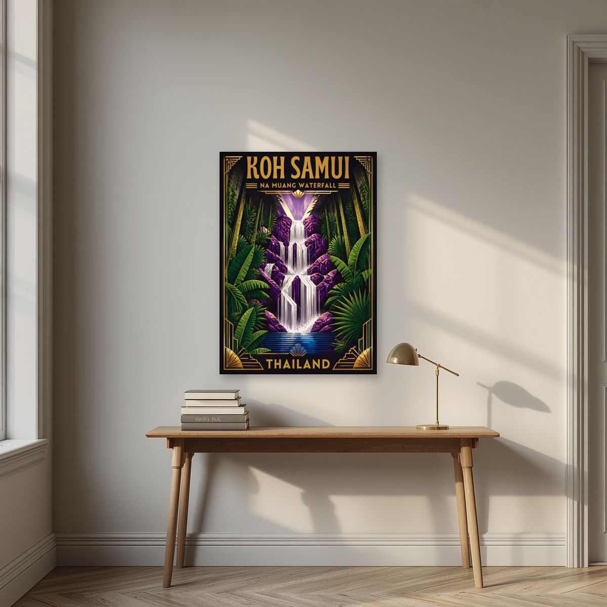 Nam Tok Na Muang — Koh Samui art print, unframed poster, styled in a desk