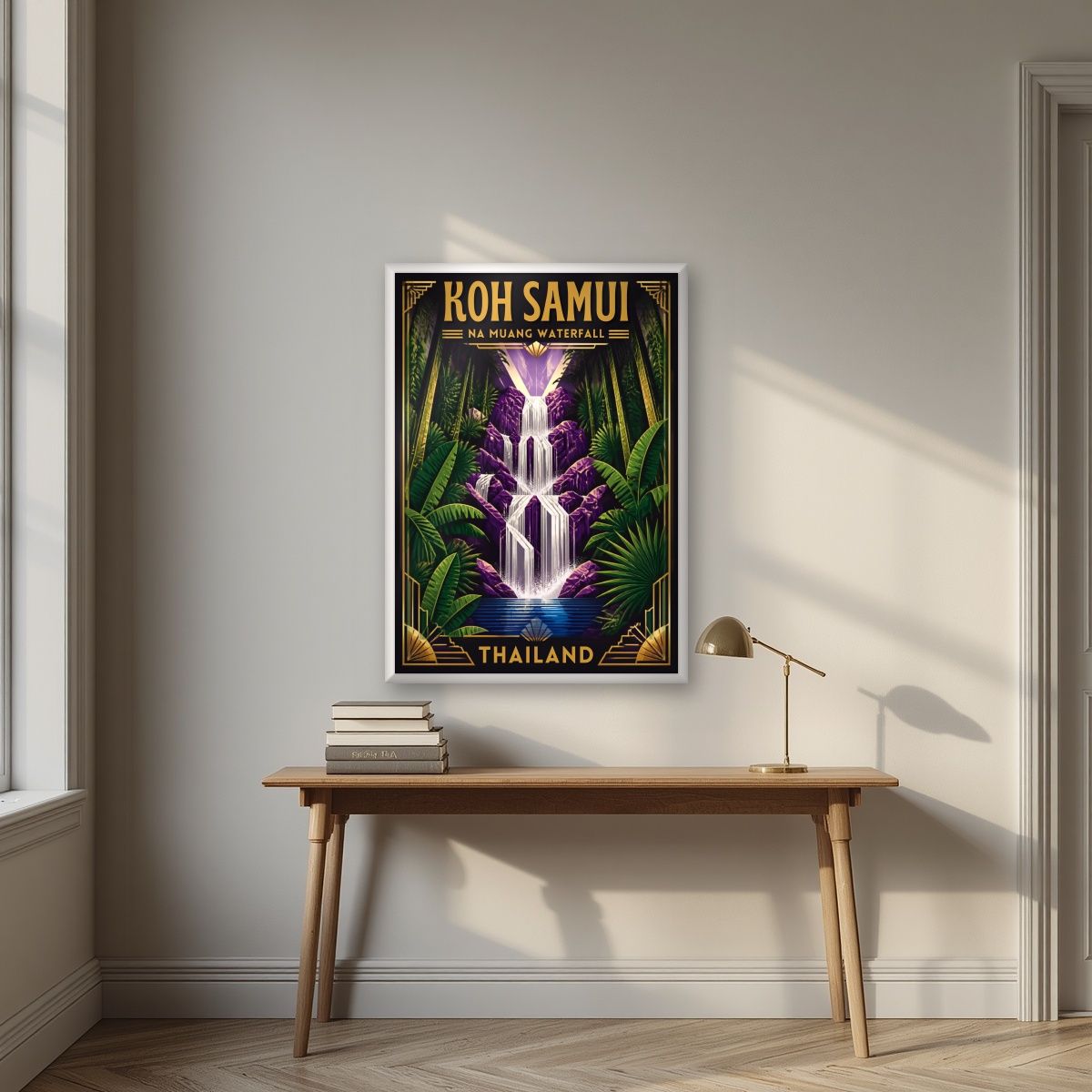 Nam Tok Na Muang — Koh Samui art print, in a white frame, styled in a desk