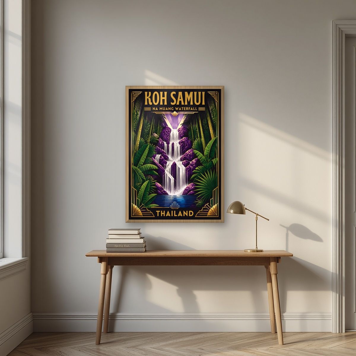 Nam Tok Na Muang — Koh Samui art print, in an oak frame, styled in a desk