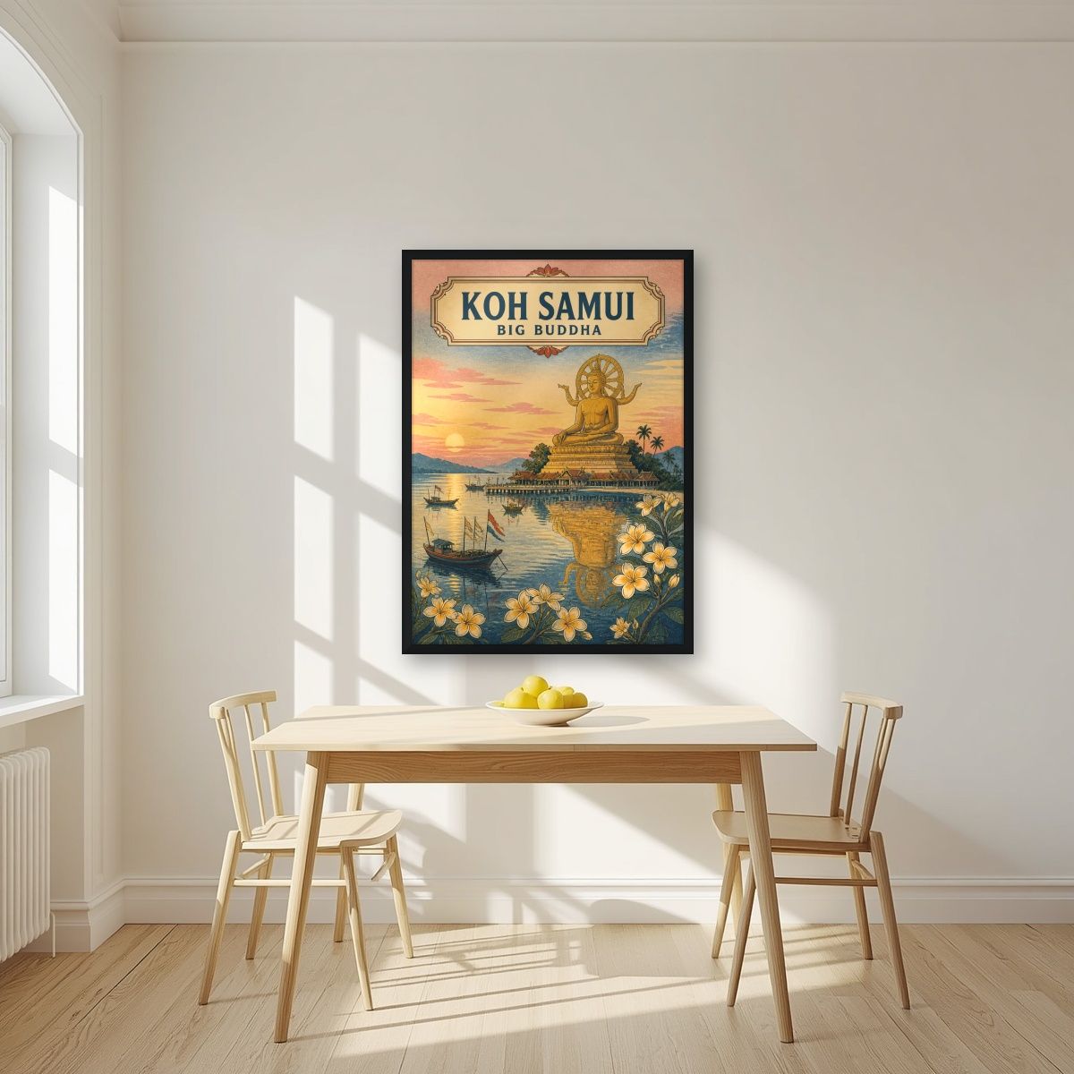 Phra Yai — Koh Samui art print, in a black frame, styled in a kitchen