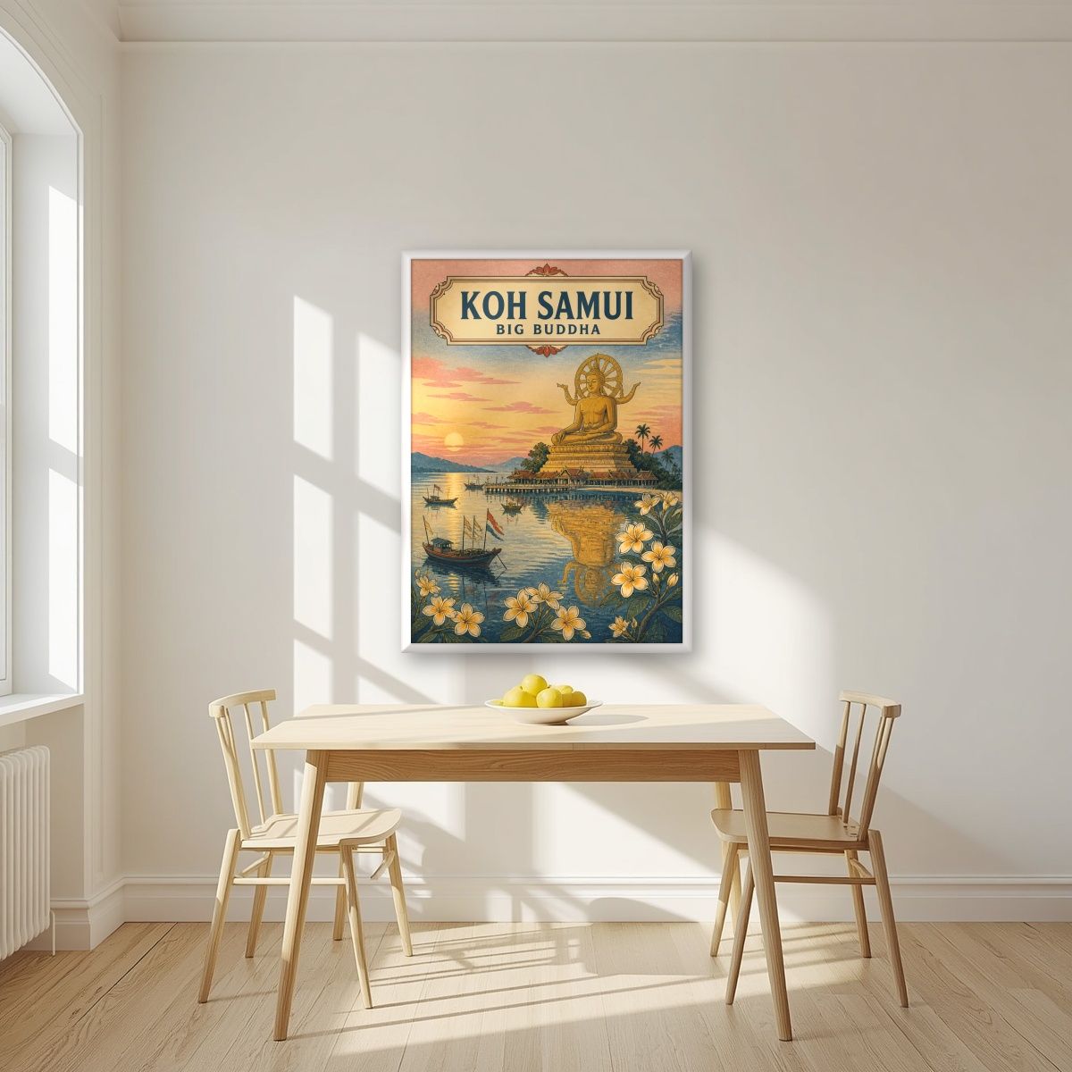 Phra Yai — Koh Samui art print, in a white frame, styled in a kitchen