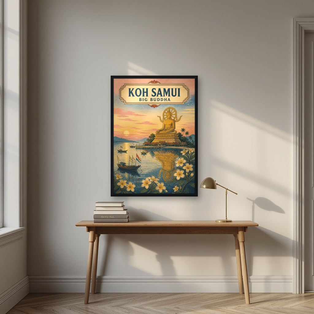 Phra Yai — Koh Samui art print, in a black frame, styled in a desk