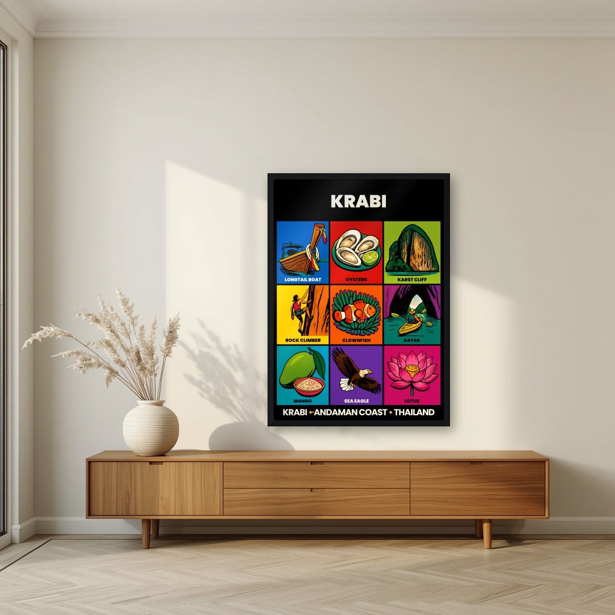 Andaman Nine — Krabi art print, in a black frame, styled in a living room