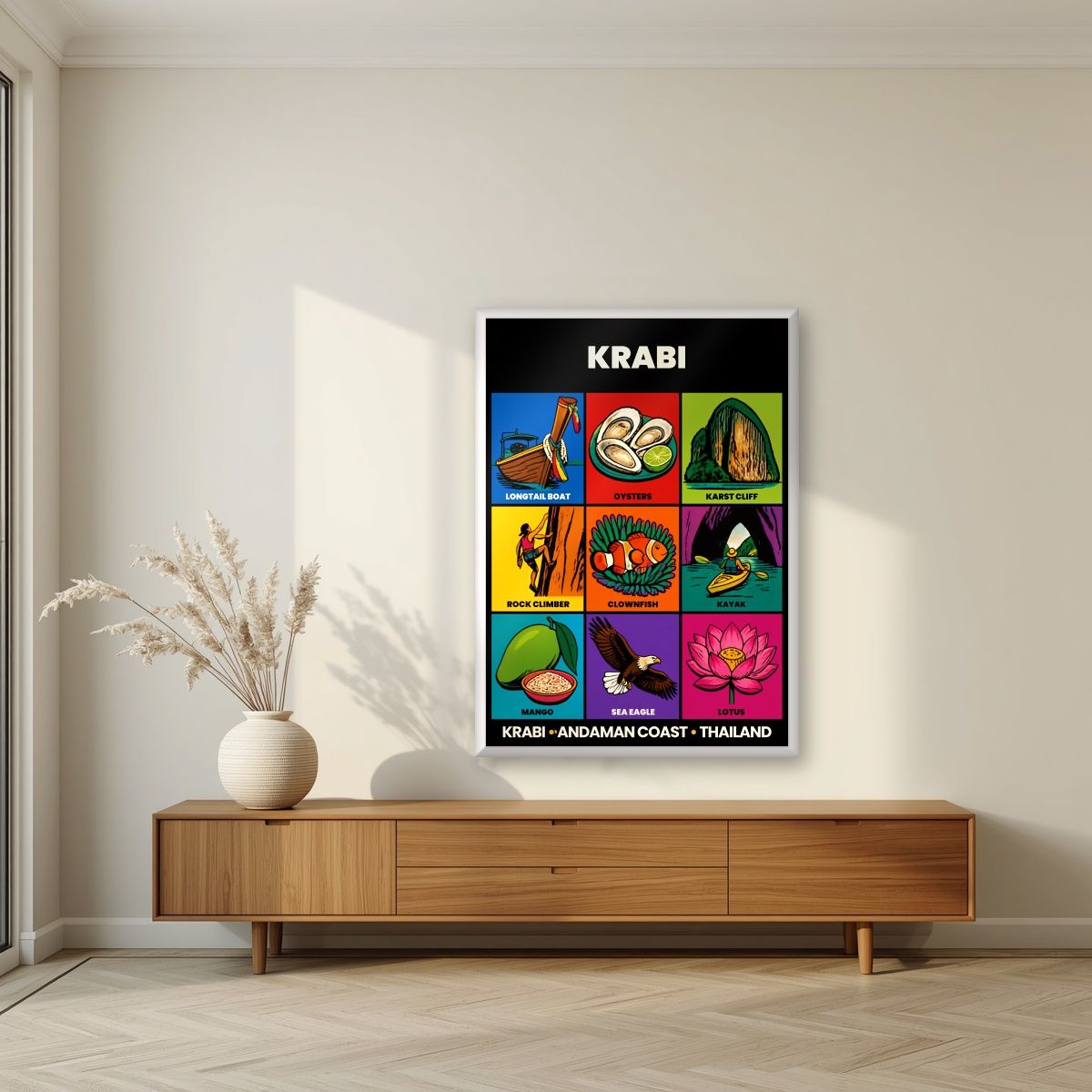 Andaman Nine — Krabi art print, in a white frame, styled in a living room