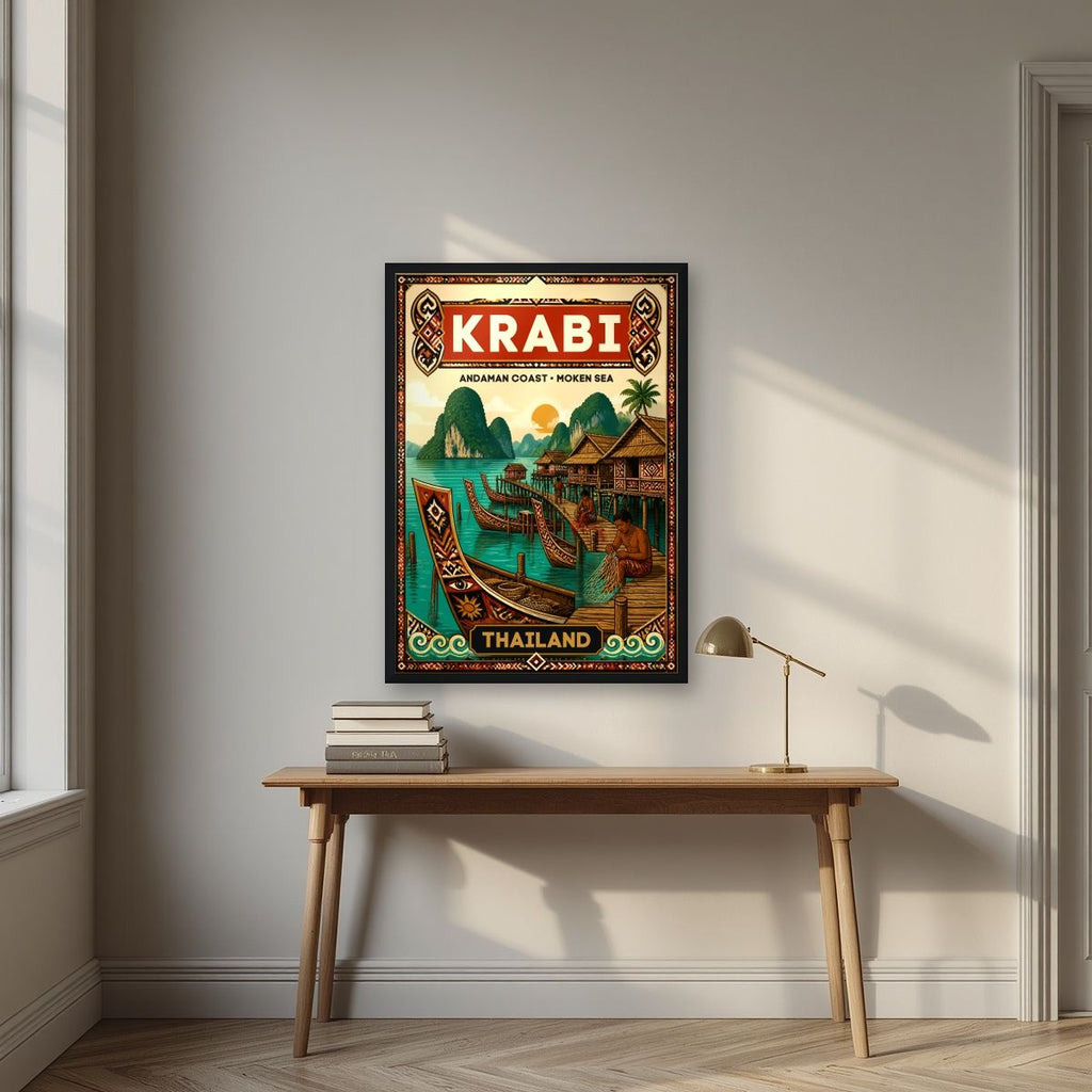 Chao Le — Krabi art print, in a black frame, styled in a desk