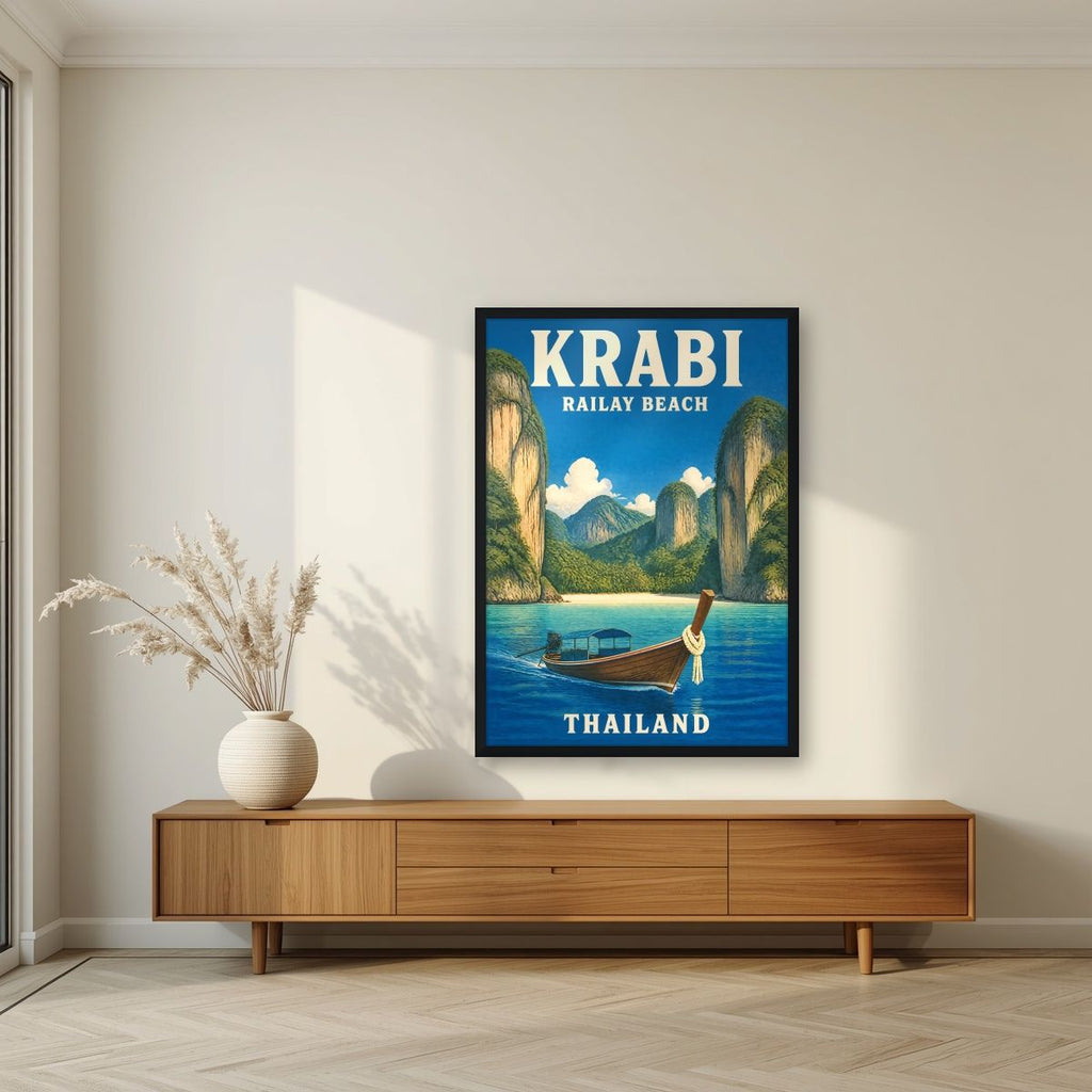 Hat Railay — Krabi art print, in a black frame, styled in a living room