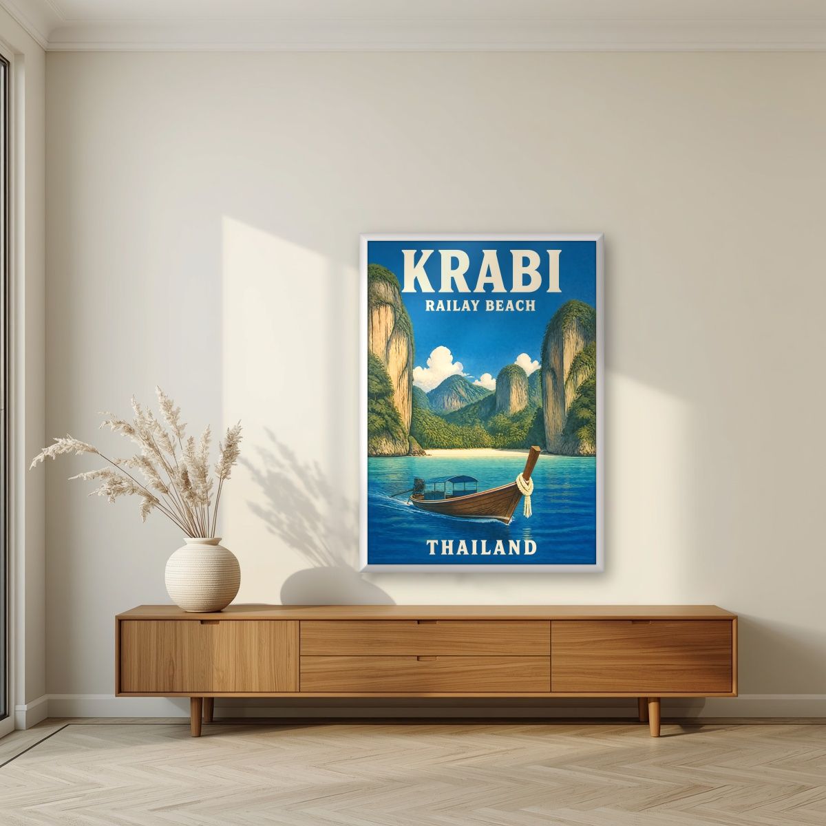 Hat Railay — Krabi art print, in a white frame, styled in a living room