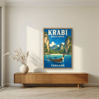 Hat Railay — Krabi art print, in an oak frame, styled in a living room