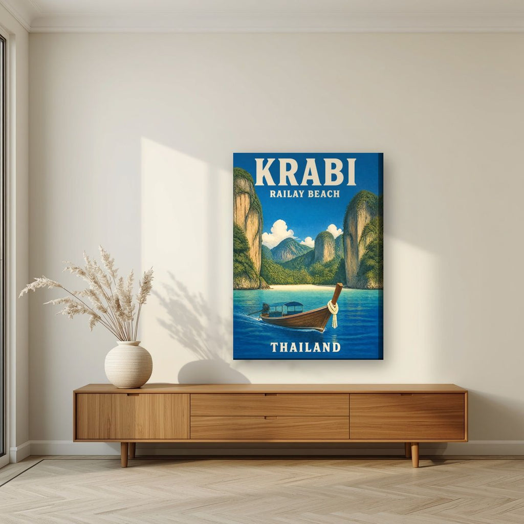 Hat Railay — Krabi art print, on slim canvas, styled in a living room