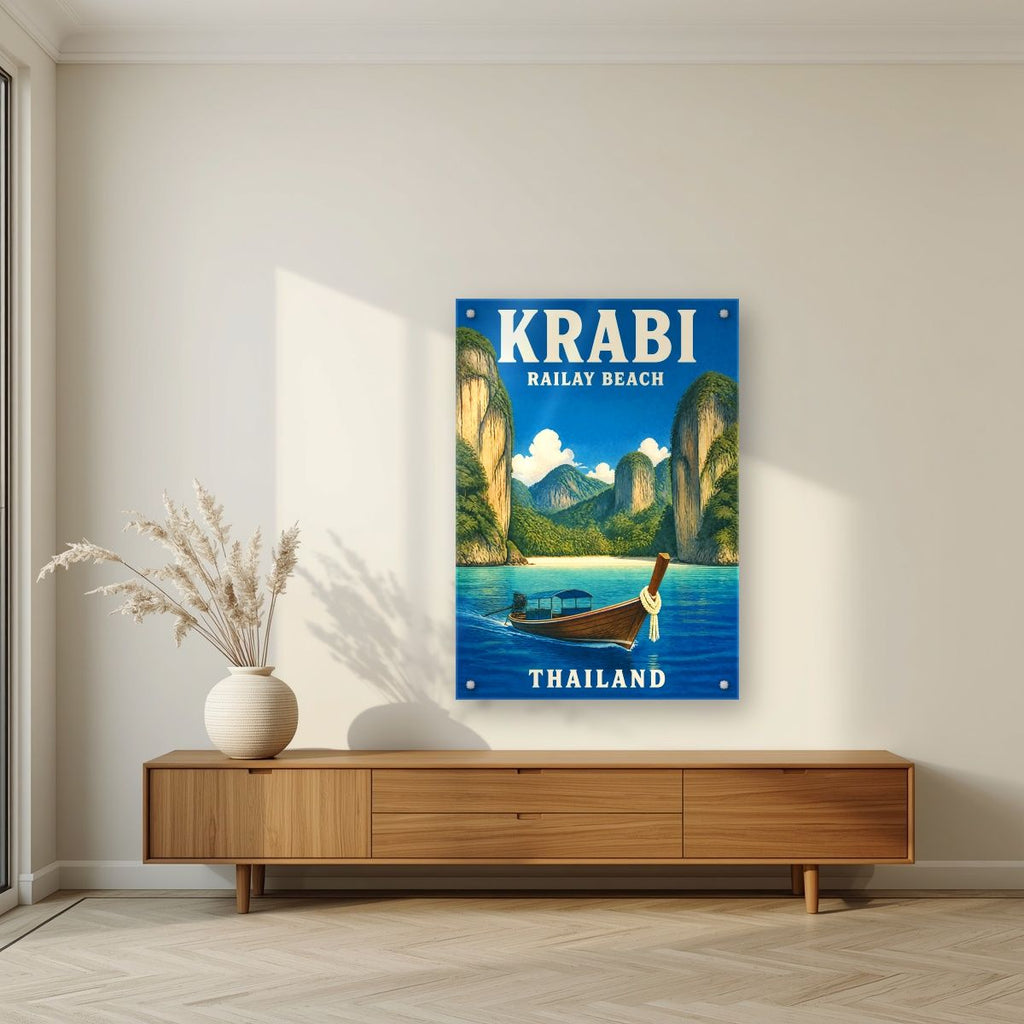 Hat Railay — Krabi art print, as an acrylic print, styled in a living room