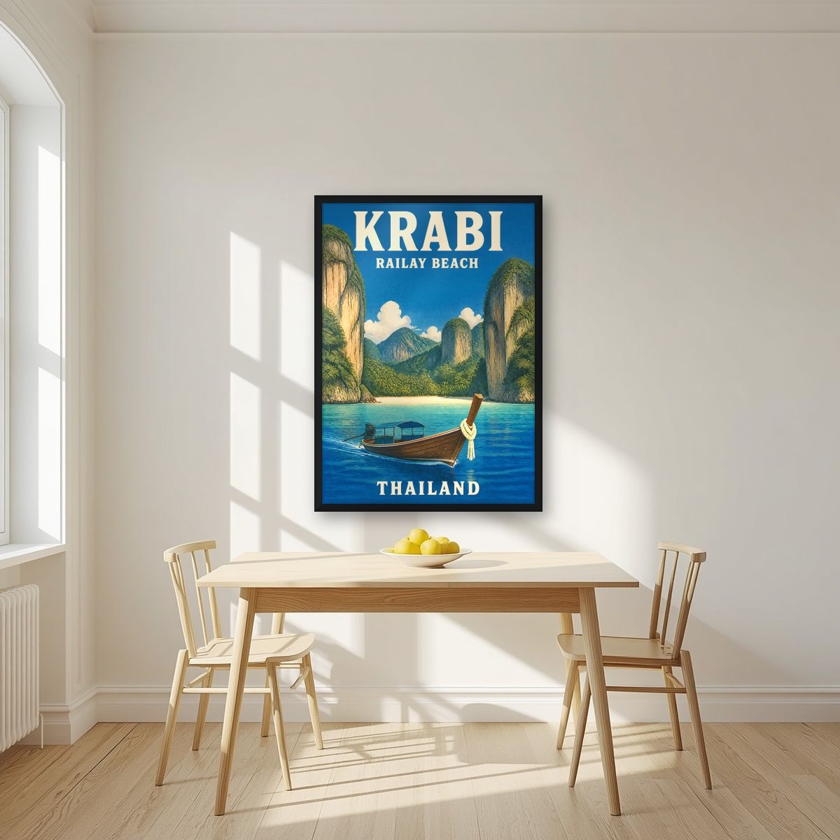 Hat Railay — Krabi art print, in a black frame, styled in a kitchen