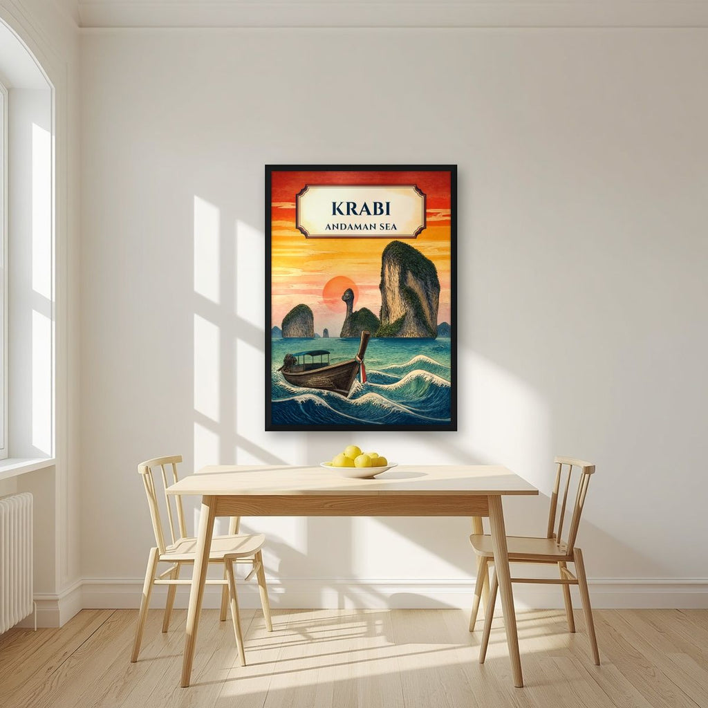 Tawan Daeng — Krabi art print, in a black frame, styled in a kitchen