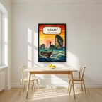 Tawan Daeng — Krabi art print, in a black frame, styled in a kitchen