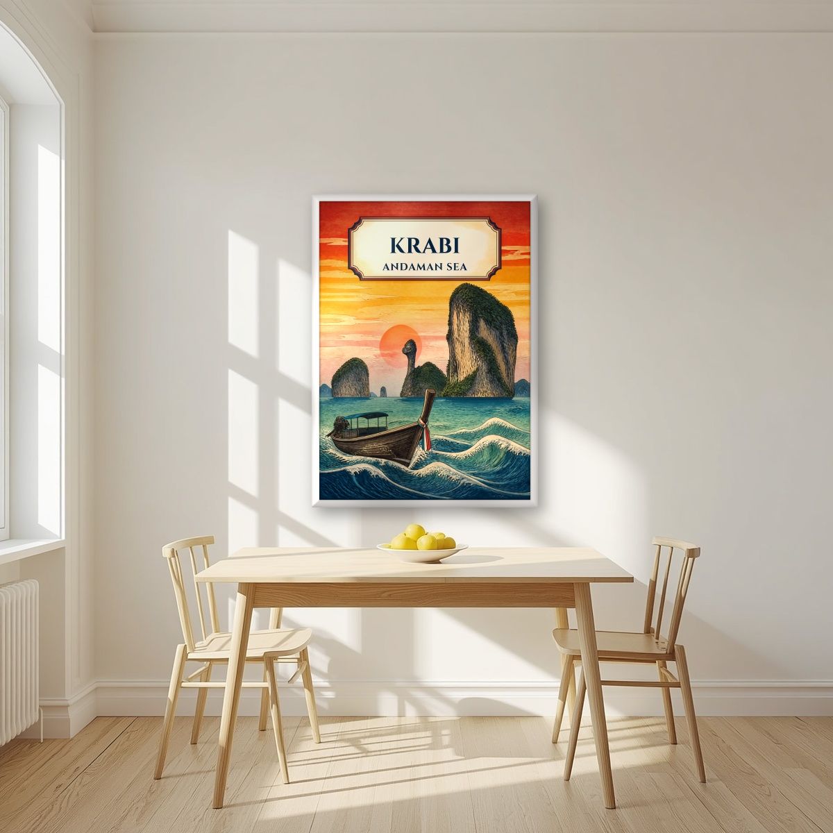 Tawan Daeng — Krabi art print, in a white frame, styled in a kitchen