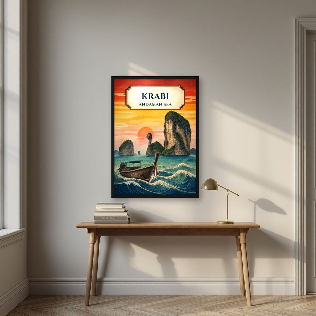 Tawan Daeng — Krabi art print, in a black frame, styled in a desk