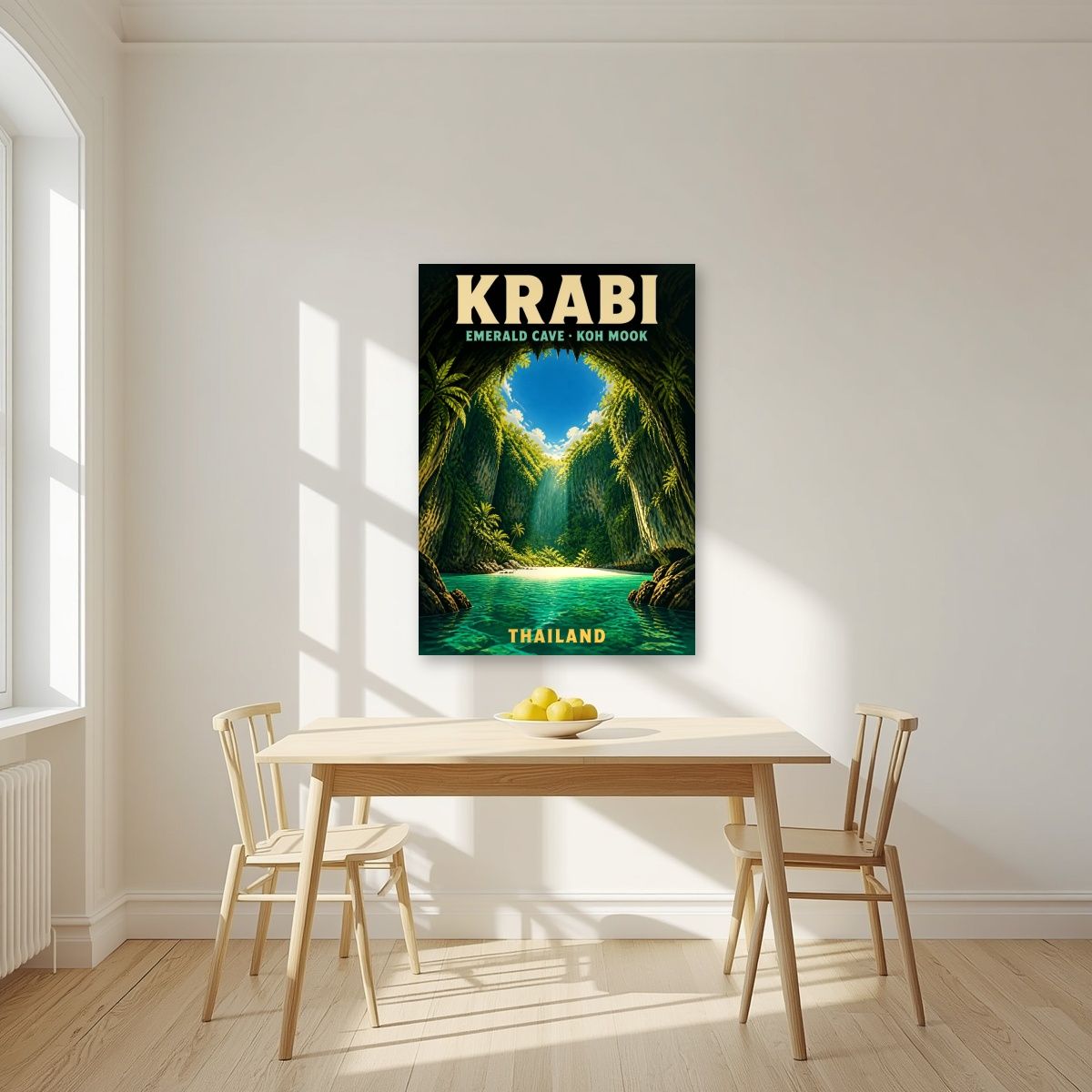 Tham Morakot — Krabi art print, unframed poster, styled in a kitchen