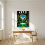 Tham Morakot — Krabi art print, in a white frame, styled in a kitchen
