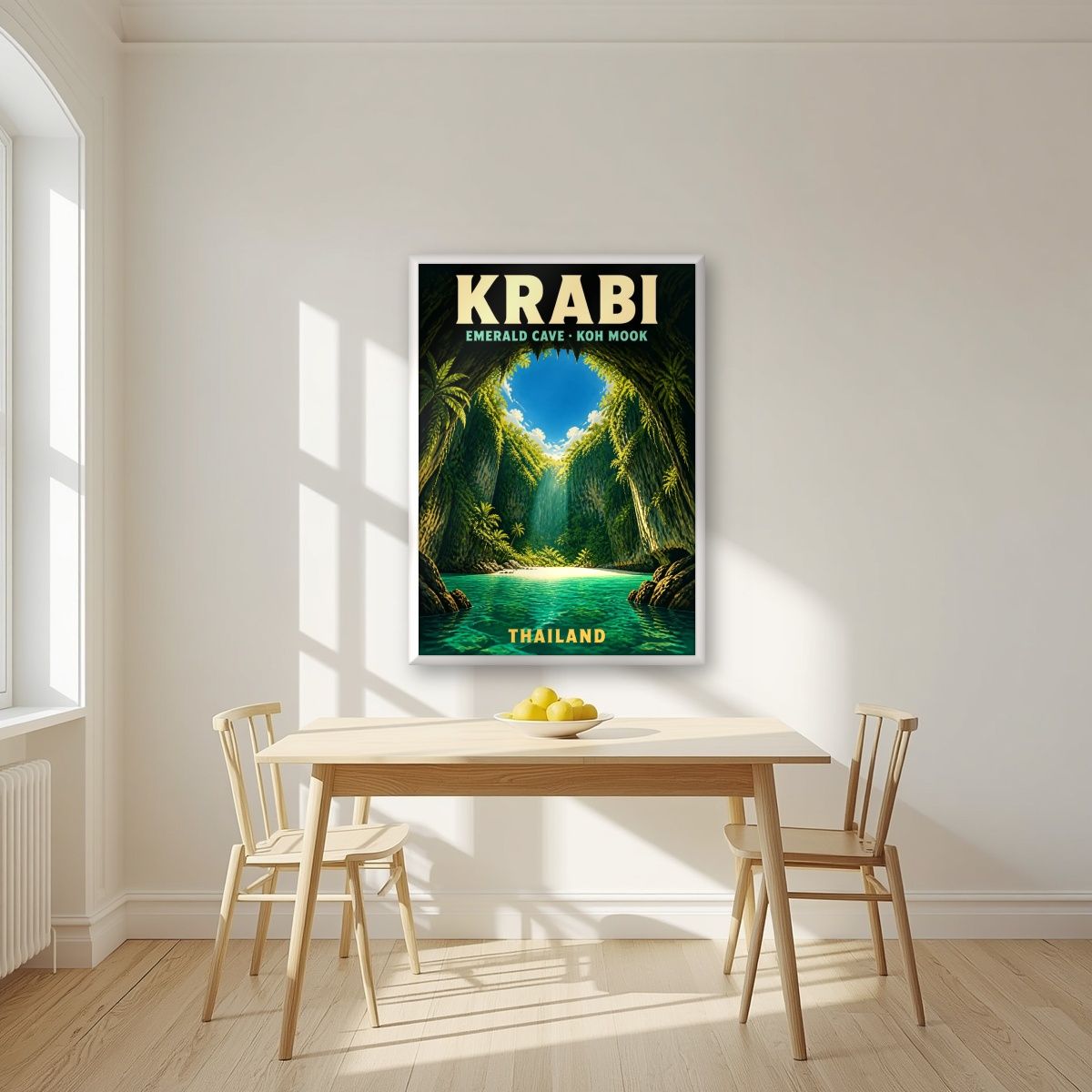 Tham Morakot — Krabi art print, in a white frame, styled in a kitchen