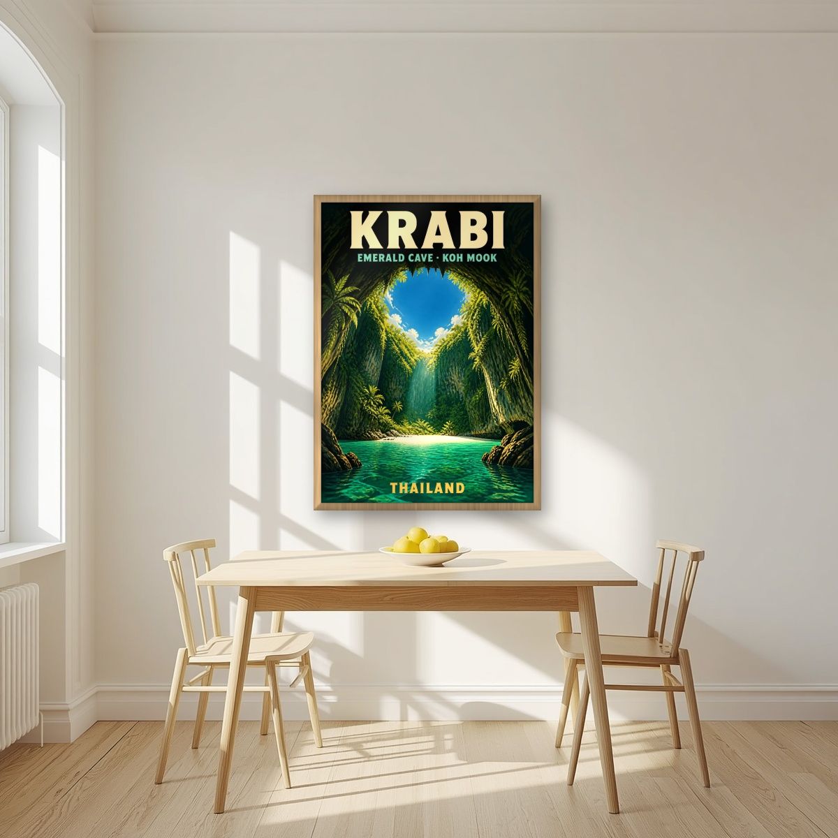 Tham Morakot — Krabi art print, in an oak frame, styled in a kitchen