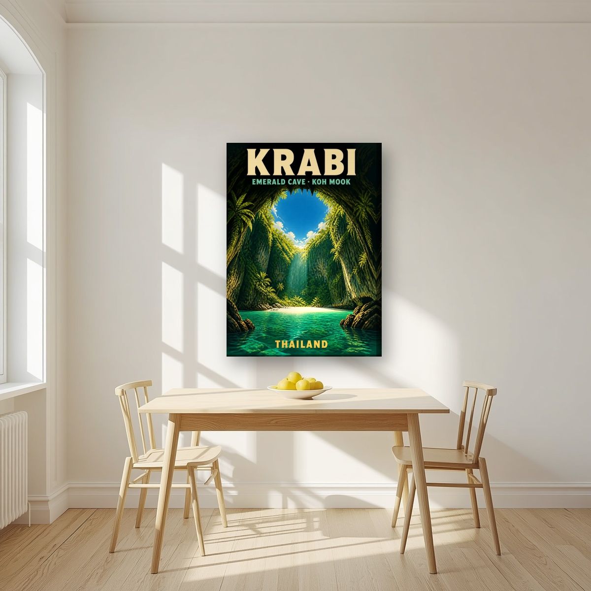 Tham Morakot — Krabi art print, on slim canvas, styled in a kitchen