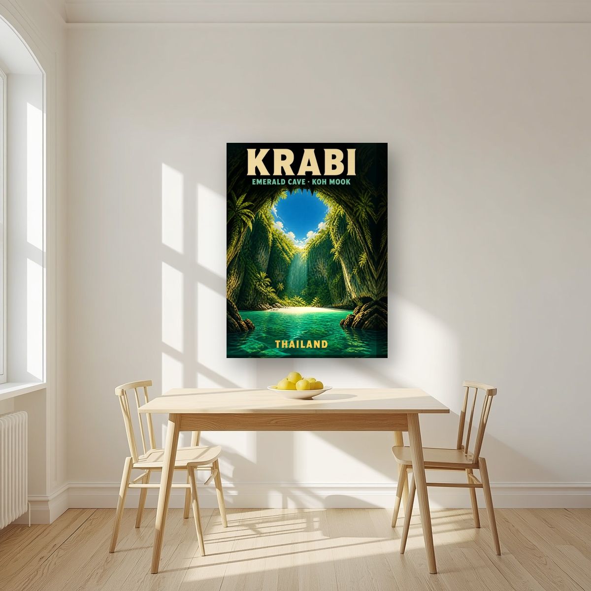Tham Morakot — Krabi art print, on thick canvas, styled in a kitchen