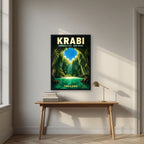 Tham Morakot — Krabi art print, in a black frame, styled in a desk