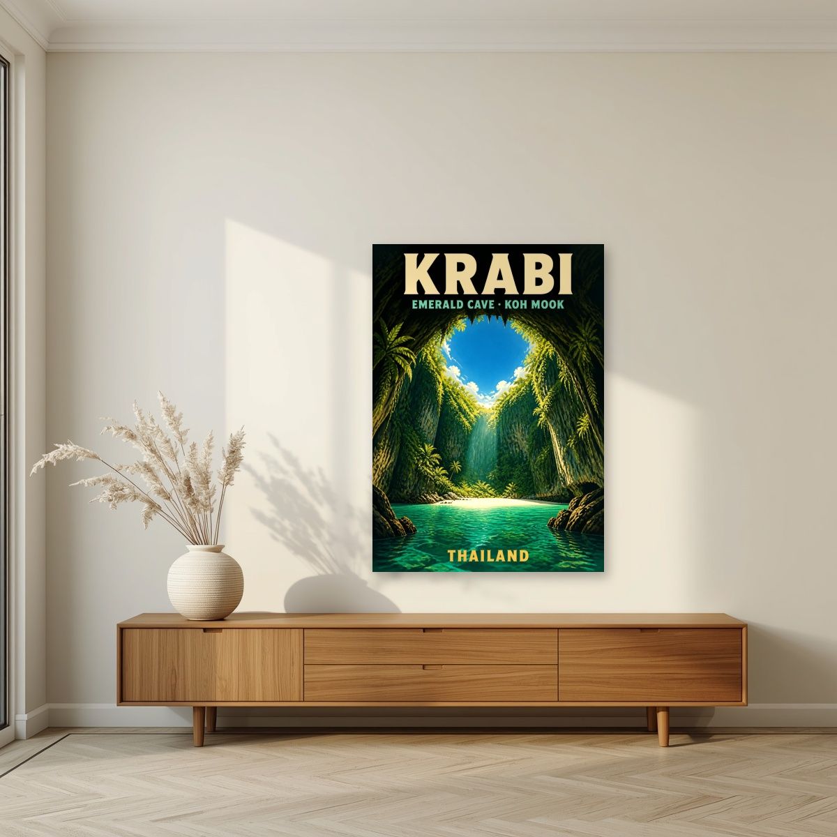 Tham Morakot — Krabi art print, unframed poster, styled in a living room