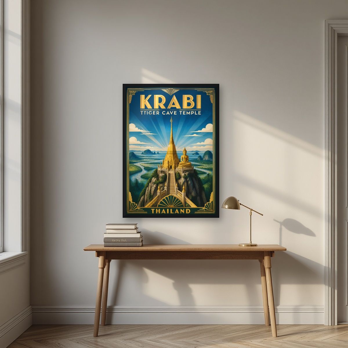 Wat Tham Suea — Krabi art print, in a black frame, styled in a desk