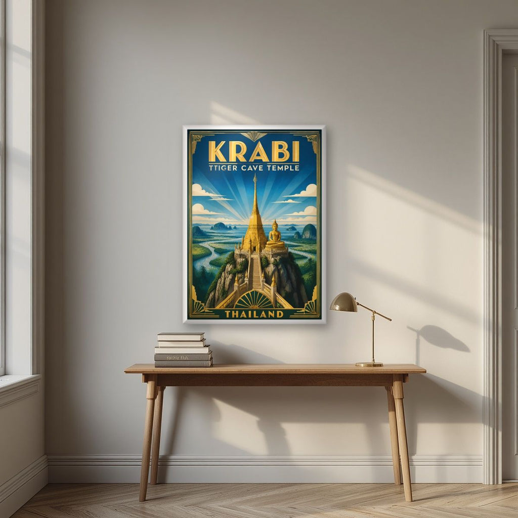 Wat Tham Suea — Krabi art print, in a white frame, styled in a desk