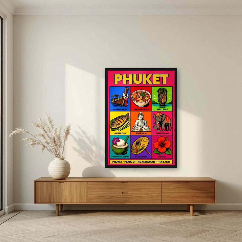 Andaman Icons — Phuket art print, in a black frame, styled in a living room