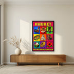 Andaman Icons — Phuket art print, in a black frame, styled in a living room