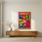 Andaman Icons — Phuket art print, in an oak frame, styled in a living room