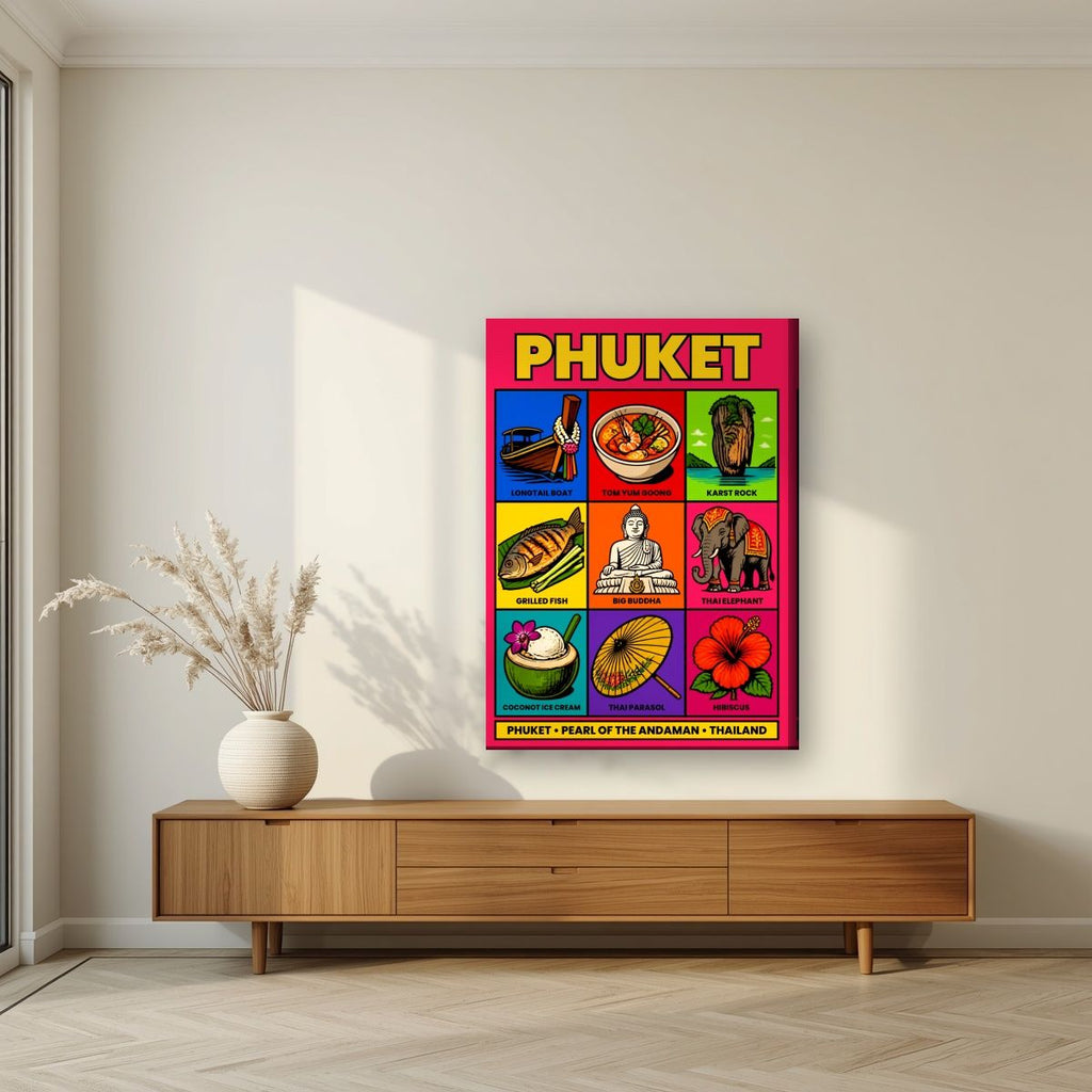 Andaman Icons — Phuket art print, on slim canvas, styled in a living room