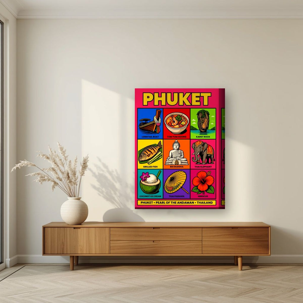 Andaman Icons — Phuket art print, on thick canvas, styled in a living room