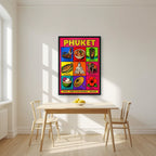 Andaman Icons — Phuket art print, in a black frame, styled in a kitchen