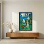 Ao Phang Nga — Phuket art print, in a black frame, styled in a living room