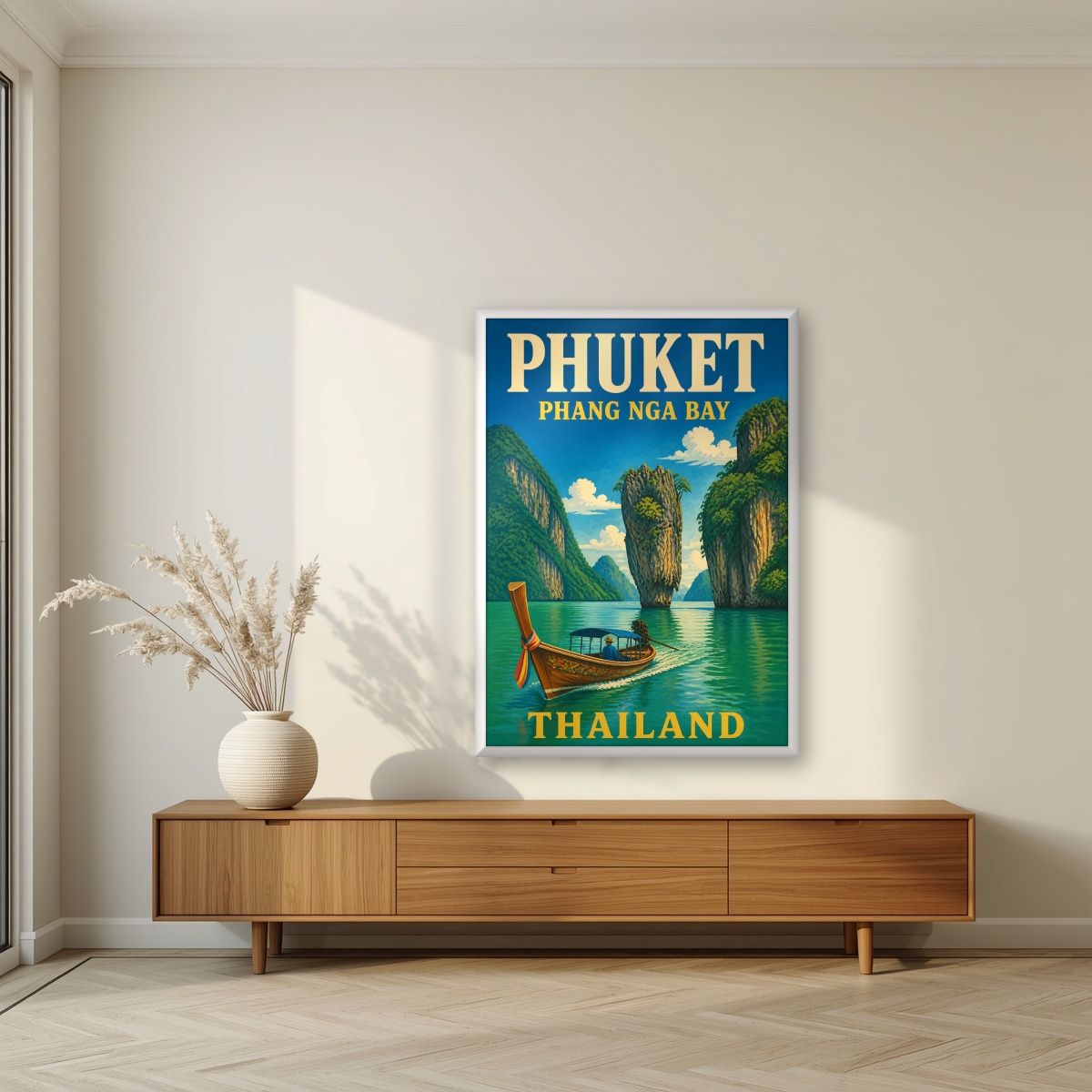 Ao Phang Nga — Phuket art print, in a white frame, styled in a living room
