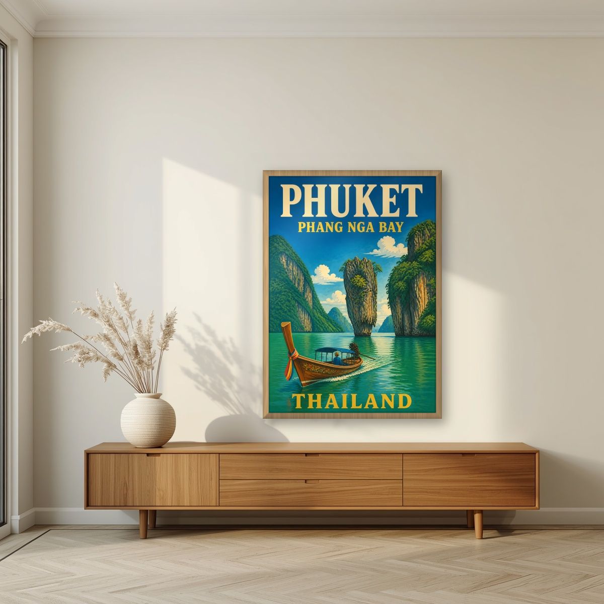 Ao Phang Nga — Phuket art print, in an oak frame, styled in a living room