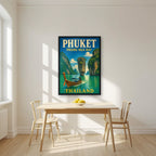 Ao Phang Nga — Phuket art print, in a black frame, styled in a kitchen